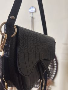 Chic Black Croc Embossed Saddle Bag
