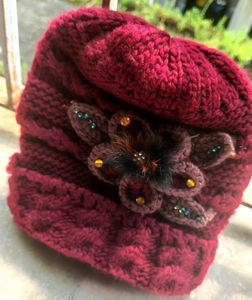 Burgundy Knit Beanie with Floral Embellishment