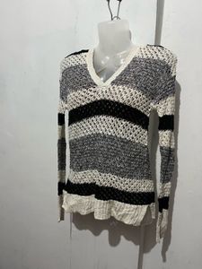 Striped Crochet Knit V-Neck Sweater