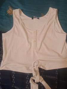 Cream Ribbed Henley Tank Top with Tie