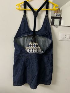 Denim Pinafore Dress with Bohemian Print