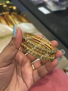Elegant Gold Bangles with Red & Green Stones