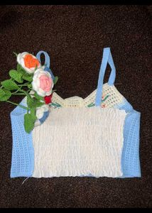 Handmade Crocheted Blue Bow Top