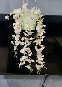 Set 3 Hanging White &amp; Pink Flowers &amp; Pot