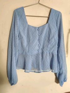 Light Blue Swiss Dot Peplum Top
