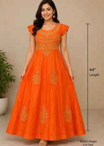 Stunning Orange Embroidered Anarkali Gown