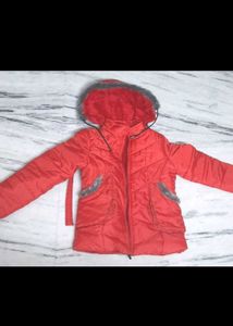 Red Padded Jacket with Fur Hood