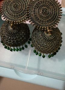 Oxidised Jhumka Earrings with Green Beads