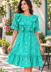 Flowy Floral Print Ruffle Dress