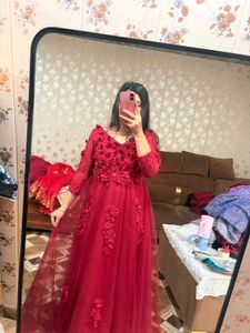 Elegant Red Floral Embroidered Gown