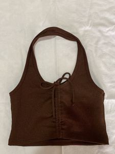 Brown Ribbed Halter Neck Crop Top