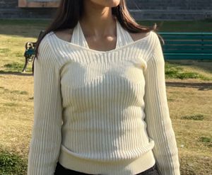 Cream Ribbed Knit Sweater with Halter Neck