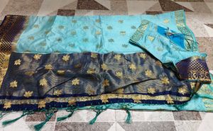 Beautiful Teal Saree with Gold Floral