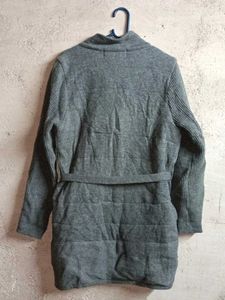 Grey Belted Cardigan Sweater Long