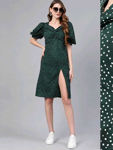 Green Polka Dot Printed A-Line &amp; Puff Sleeve Dress