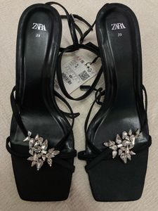 Zara Embellished Black Heeled Sandals