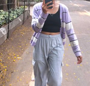 Striped Button-Up Cardigan 💜🤍
