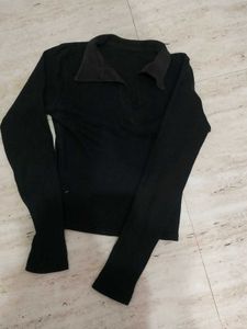 Ribbed Long Sleeve Polo Top