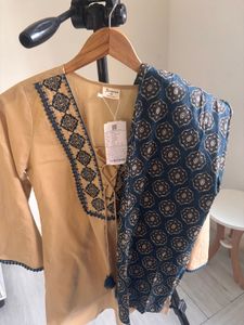 Elegant Peach Coord Set with Blue Print Pants