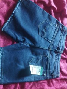 Blue Denim Shorts with Frayed Hem