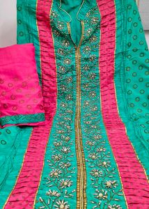 Sea green &amp; Pink Embroidered Kurta Palazzo Set