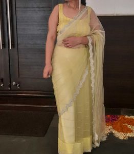 Elegant Yellow &amp; White Saree