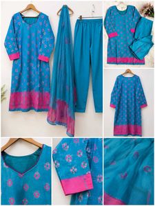 Turquoise Blue Bandhani Print Kurta Pant Dupatta M