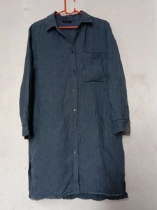Linen Blue Oversized Button-Down Tunic Shirt