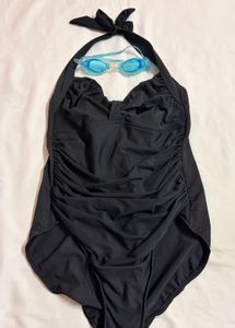 Classic USA Black One-Piece Swimsuit with Goggles