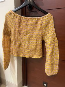 Chic Yellow Plaid Smocked Crop Top