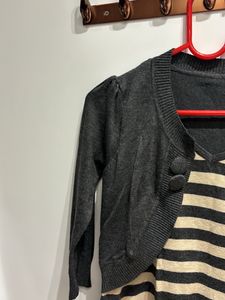 Striped Dress with Gray Cropped Cardigan