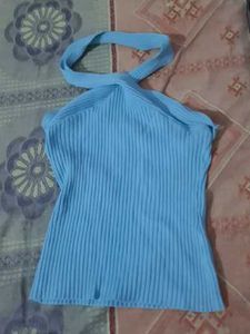 Sky Blue Halter Neck Ribbed Top