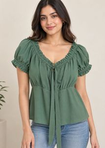 Chic Sea Green Puff Sleeve Top