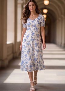 Aayu Floral Printed Puff Sleeve Midi Dress