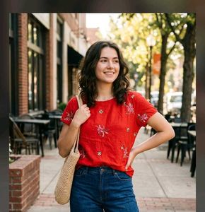 Red Embroidered Short Sleeve Top