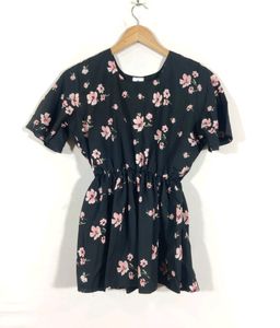 Miss Aysr Black Floral Printed Round Neck Short Sleeves Top With Elastic Waist (Women's)