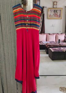 Red Flared Dress with Striped Yoke
