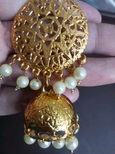 Gold Tone Jhumka Earrings with Pearl Detailing