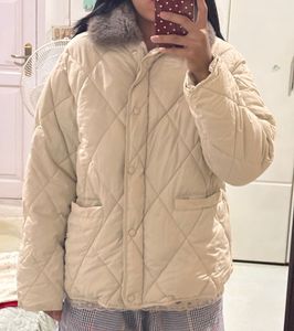 Cream Quilted Puffer Jacket with Fur Collar