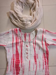 Pink&amp;White Color Kurti Palazo Set With Dupatta