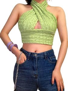 Lime Green Ruffle Halter Crop Top | Textured Y2K