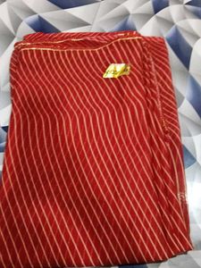 Vibrant Red Saree with Golden Stripes