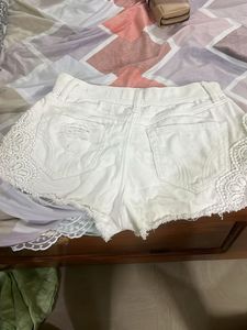 White Lace Detail Ripped Denim Shorts