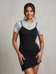 Chic Black Slip Dress with Grey Tee Layer