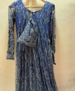 Elegant Blue crystal work Gown with Clutch