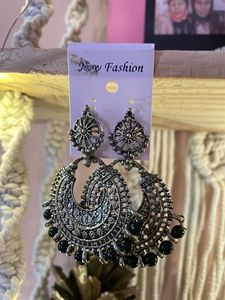 Oxidized Jhumka Earrings with Black Beads
