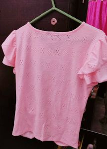 Chic Pink Ruched Eyelet Top
