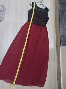 Maroon Coloured Maxi Dress With Black Lace Work