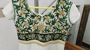 White Anarkali Kurta With Green Embroidery On Yoke