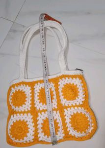 Handmade Crochet Tote Bag - Yellow &amp; White
